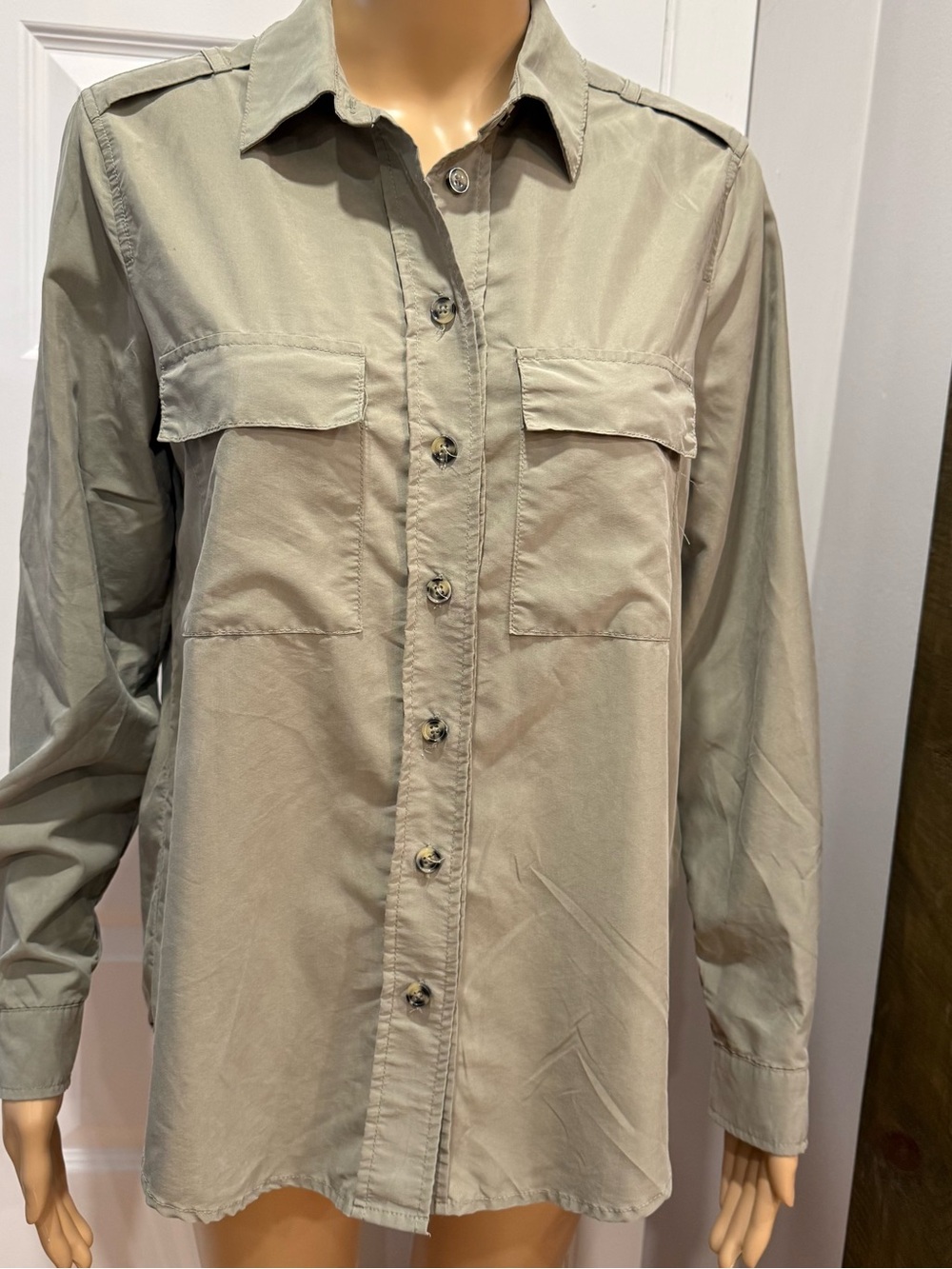 Dynamite Utility Button-Up Shirt Sage Khaki Modal Tencel Size S